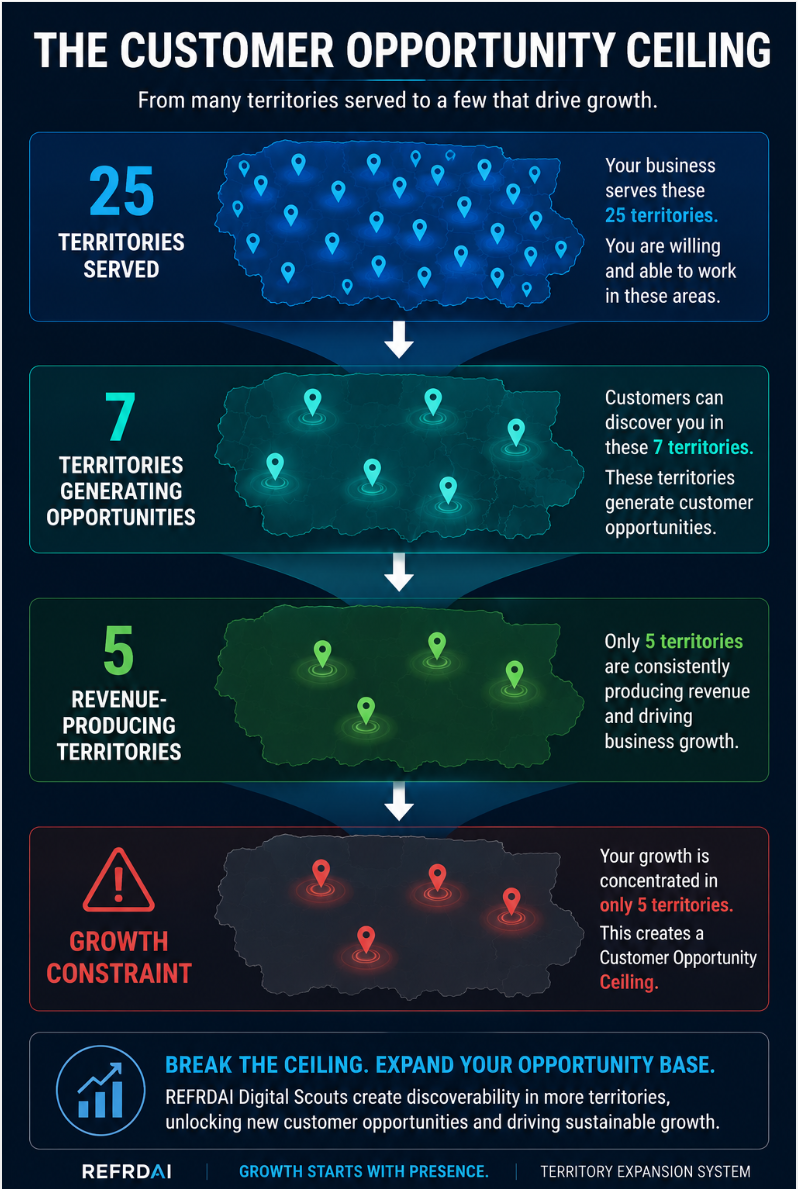 Customer Opportunity Ceiling framework showing 25 territories served narrowing into 7 territories generating opportunities and 5 revenue-producing territories, creating a growth constraint.