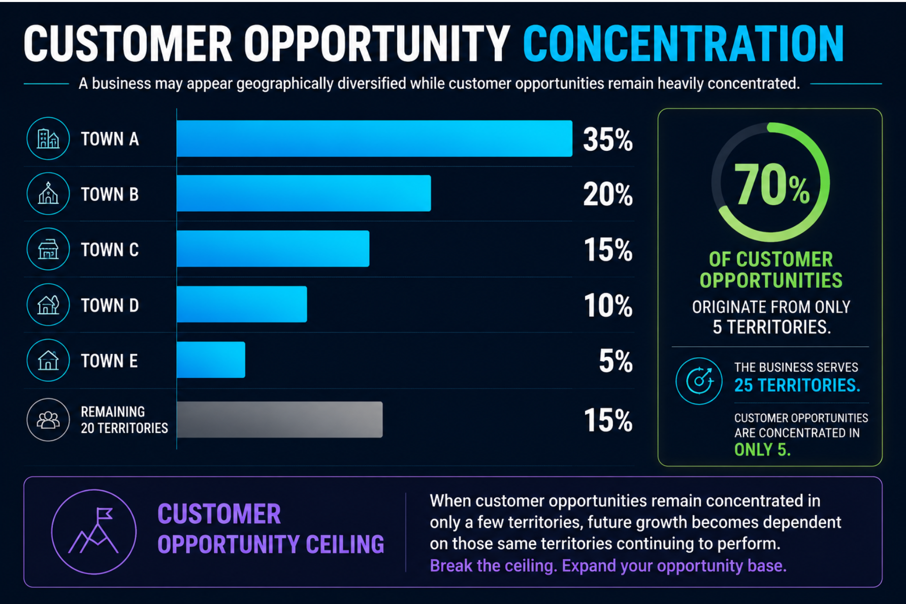 Customer Opportunity Concentration chart showing 70 percent of customer opportunities originating from only 5 territories while the business serves 25 territories.
